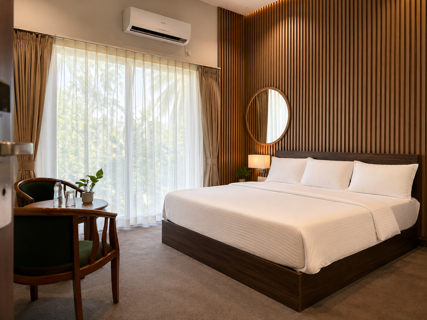 A Chafa Deluxe room — clean lines, neutral palette, king bed