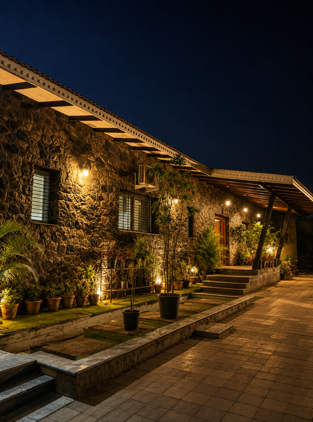 Stone exterior of Chafa at night