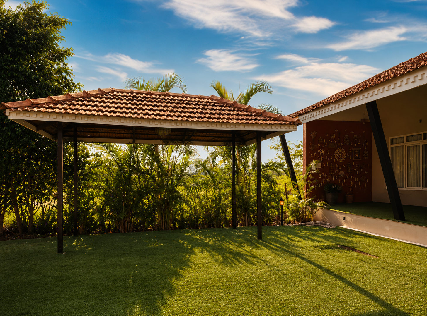 An open lawn at Chafa with a tiled gazebo, ready for a small gathering
