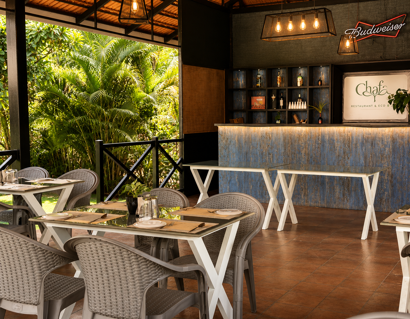 Chafa restaurant in daylight, with the bar behind
