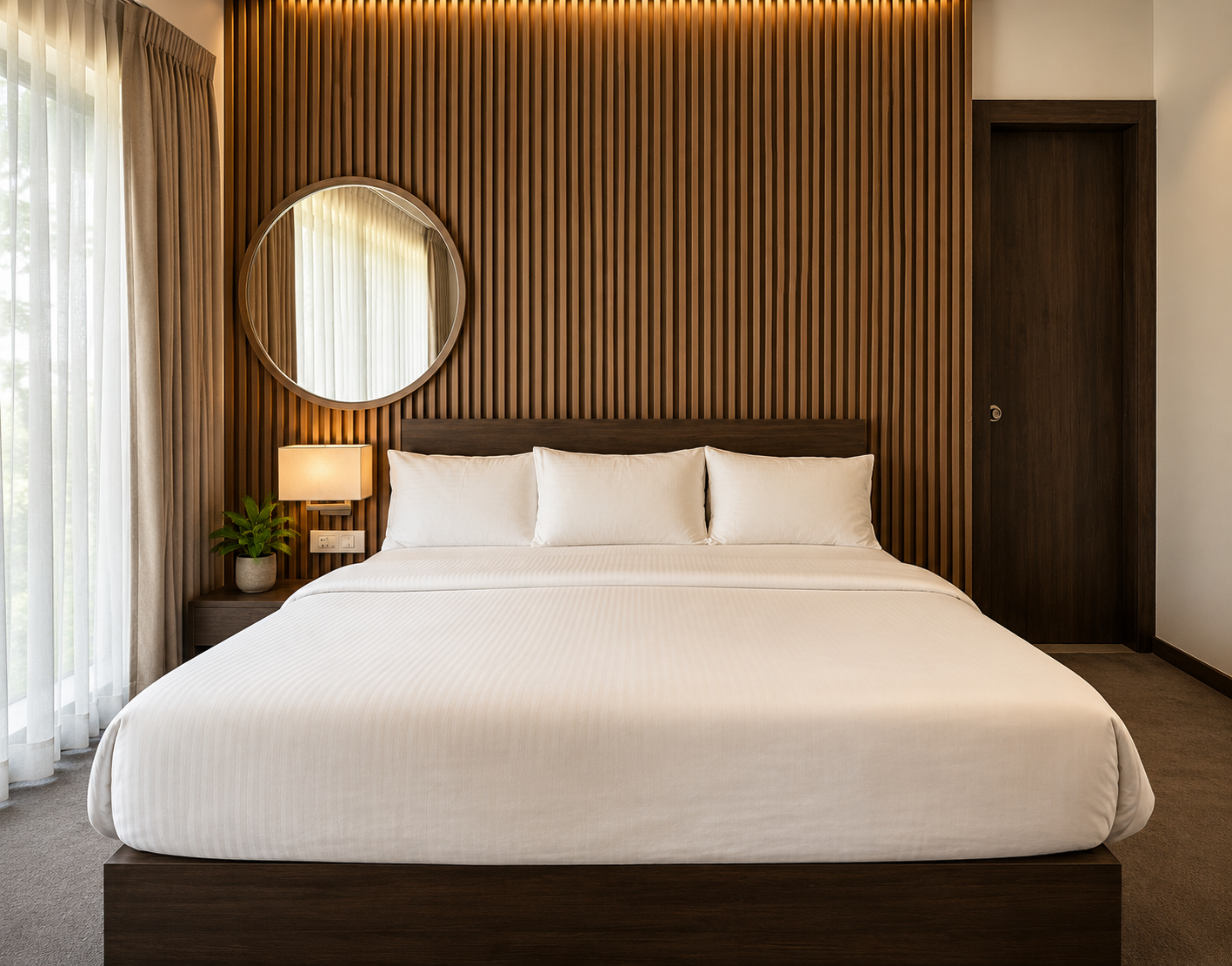 A Chafa Suite room — king bed, slatted wood wall, round mirror
